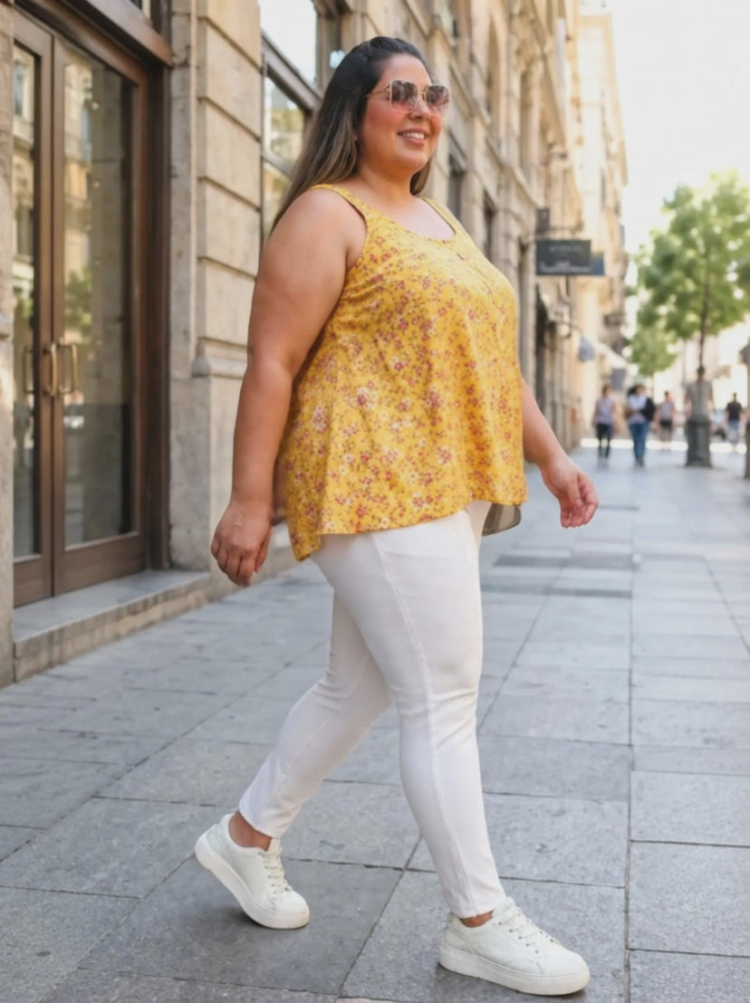 Plus Size Yellow Floral Print Viscose Top