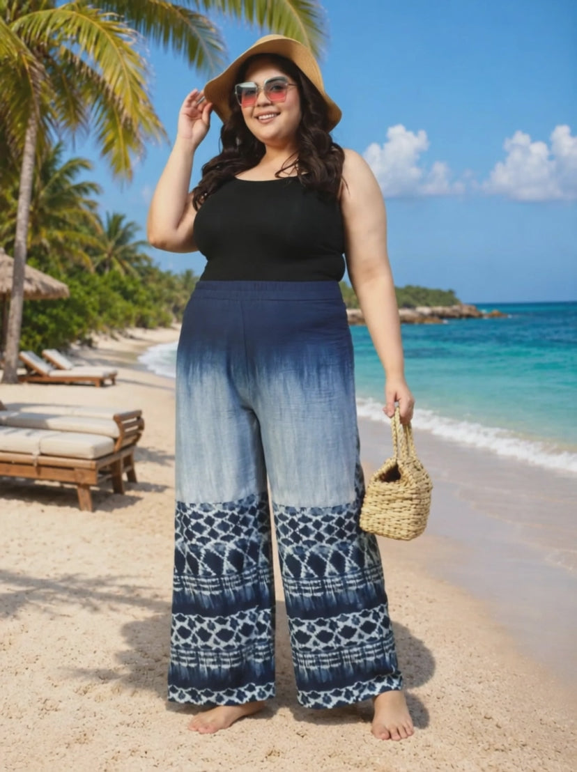 Plus Size Navy Blue Tie-Dye Beachwear Cotton Pant